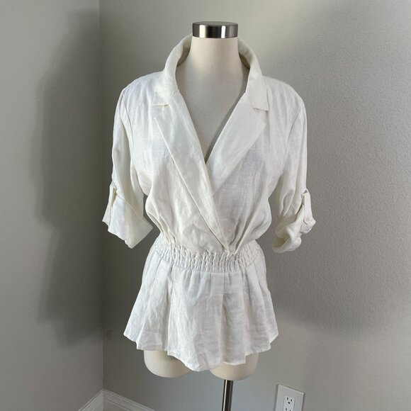 NEW Donna Karan Womens XL Ivory 100% Linen Top Elastic Waist Roll Tab Sleeve - Picture 1 of 10